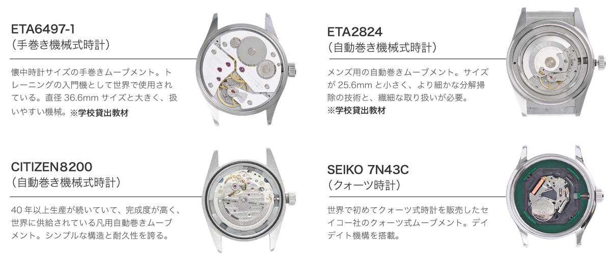 ETA6497-1（手巻き機械式時計）ETA2824 （自動巻き機械式時計）CITIZEN8200 （自動巻き機械式時計）SEIKO 7N43C （クォーツ時計）
